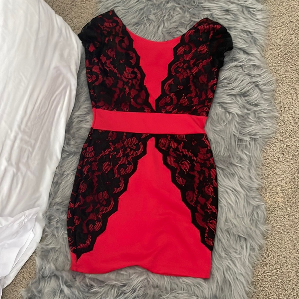 Red and black short dress woman